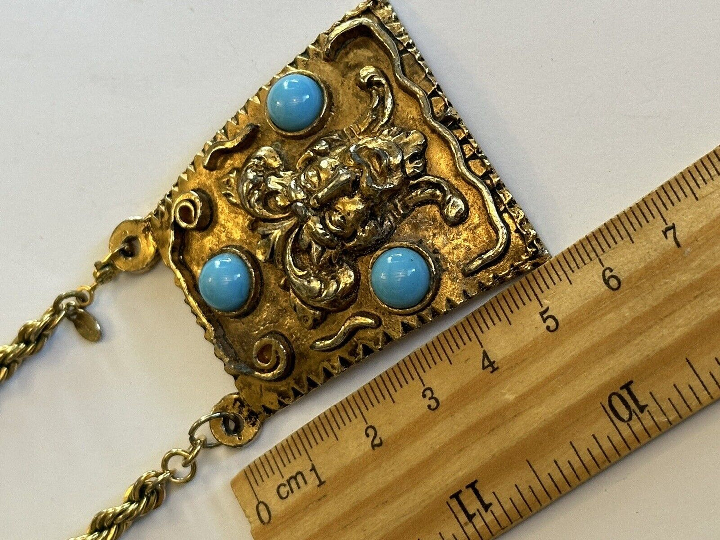 Vintage Etruscan Faux Turquoise Gold Tone Pendant Monet Rope Chain Necklace