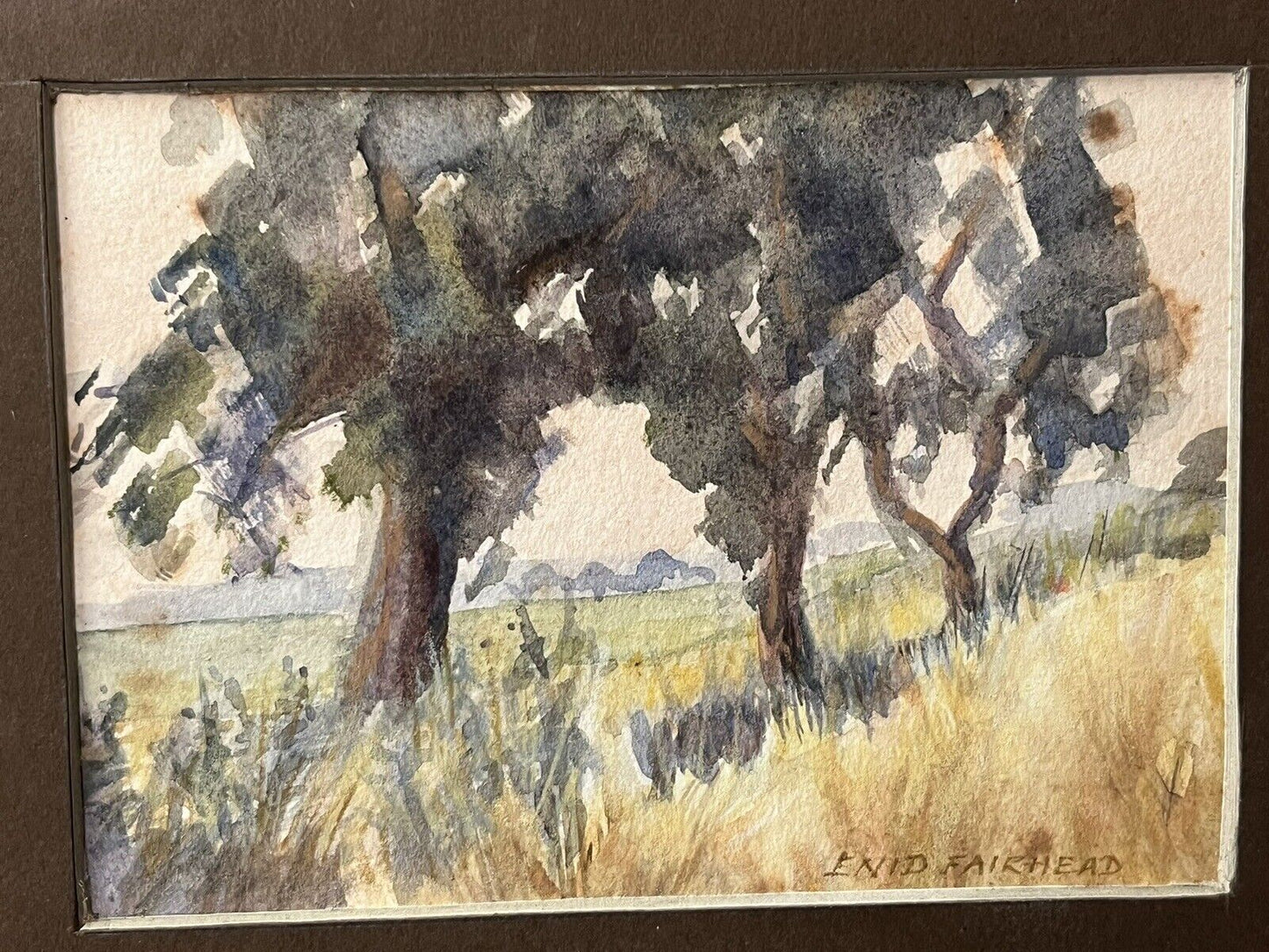 Signed Watercolour By Enid Fairhead. " Edge Of The Field "