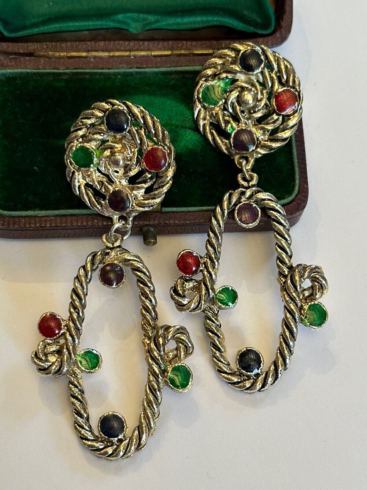 Vintage Silver Tone Statement Red Green Black Enamel Drop Earrings