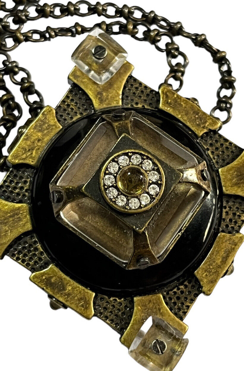 Vintage Statement Unique Metal Glass Brutalist Long Length Pendant Necklace
