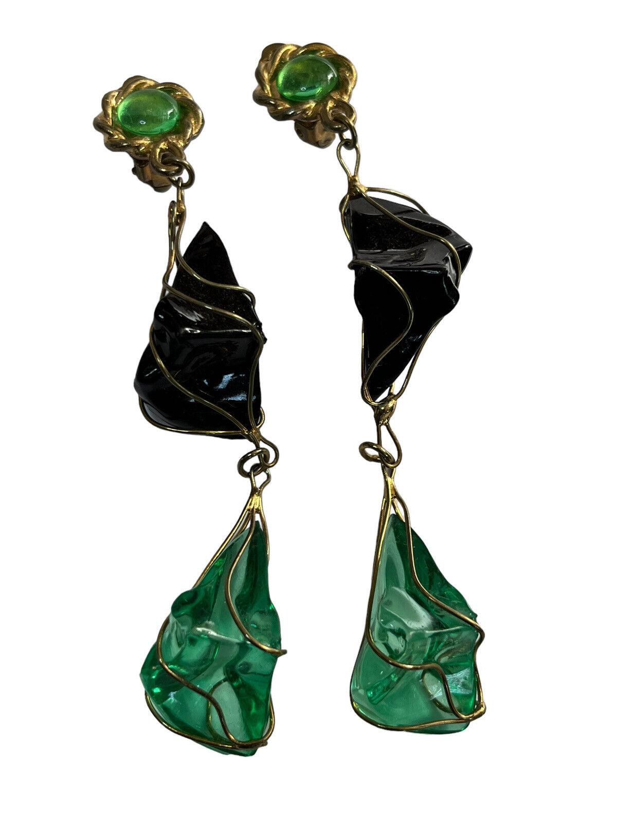 Vintage 1980s Black Green Acrylic Long Length Statement Earrings