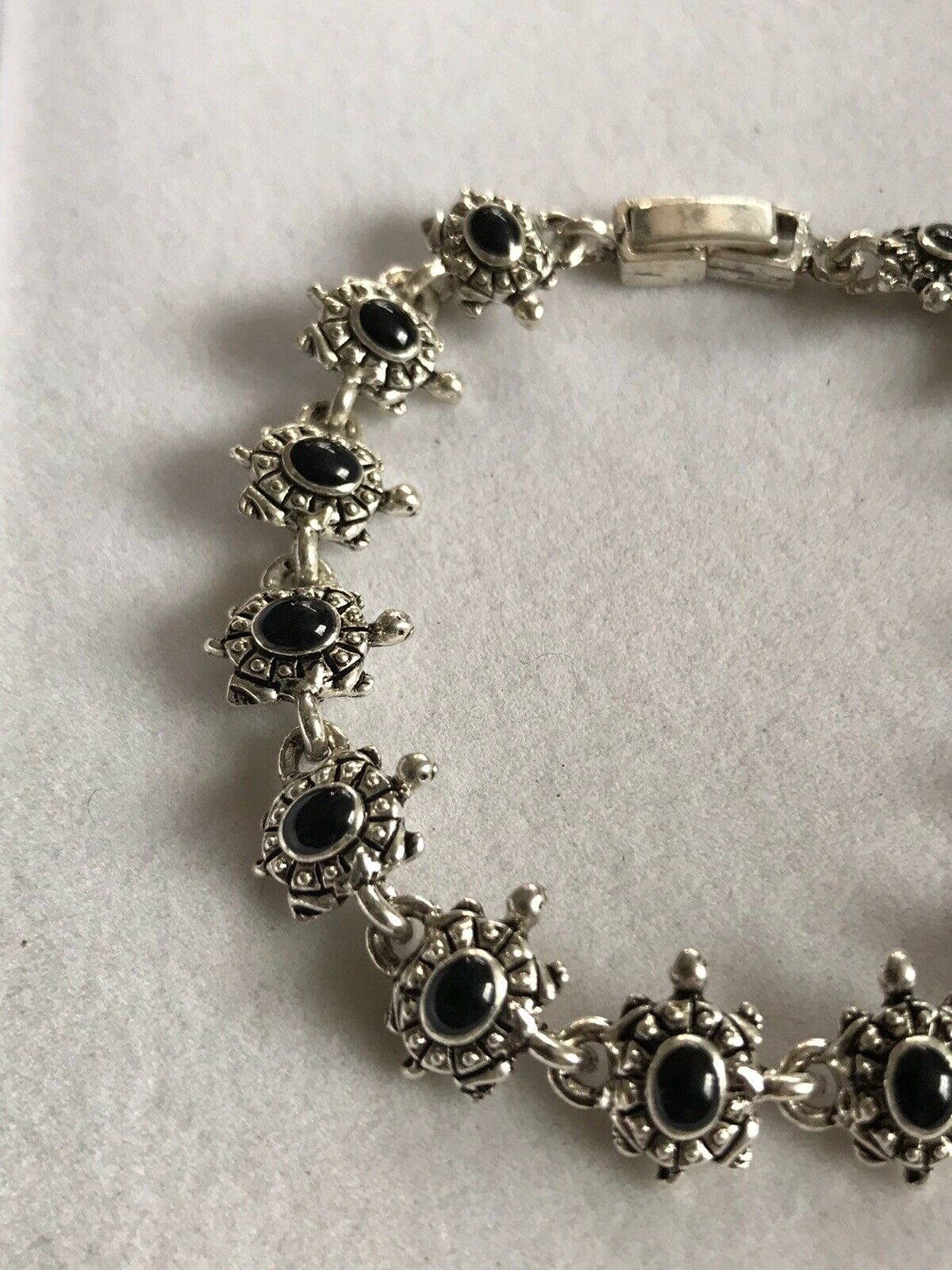 Vintage Silver Tone Black Enamel Turtle Bracelet