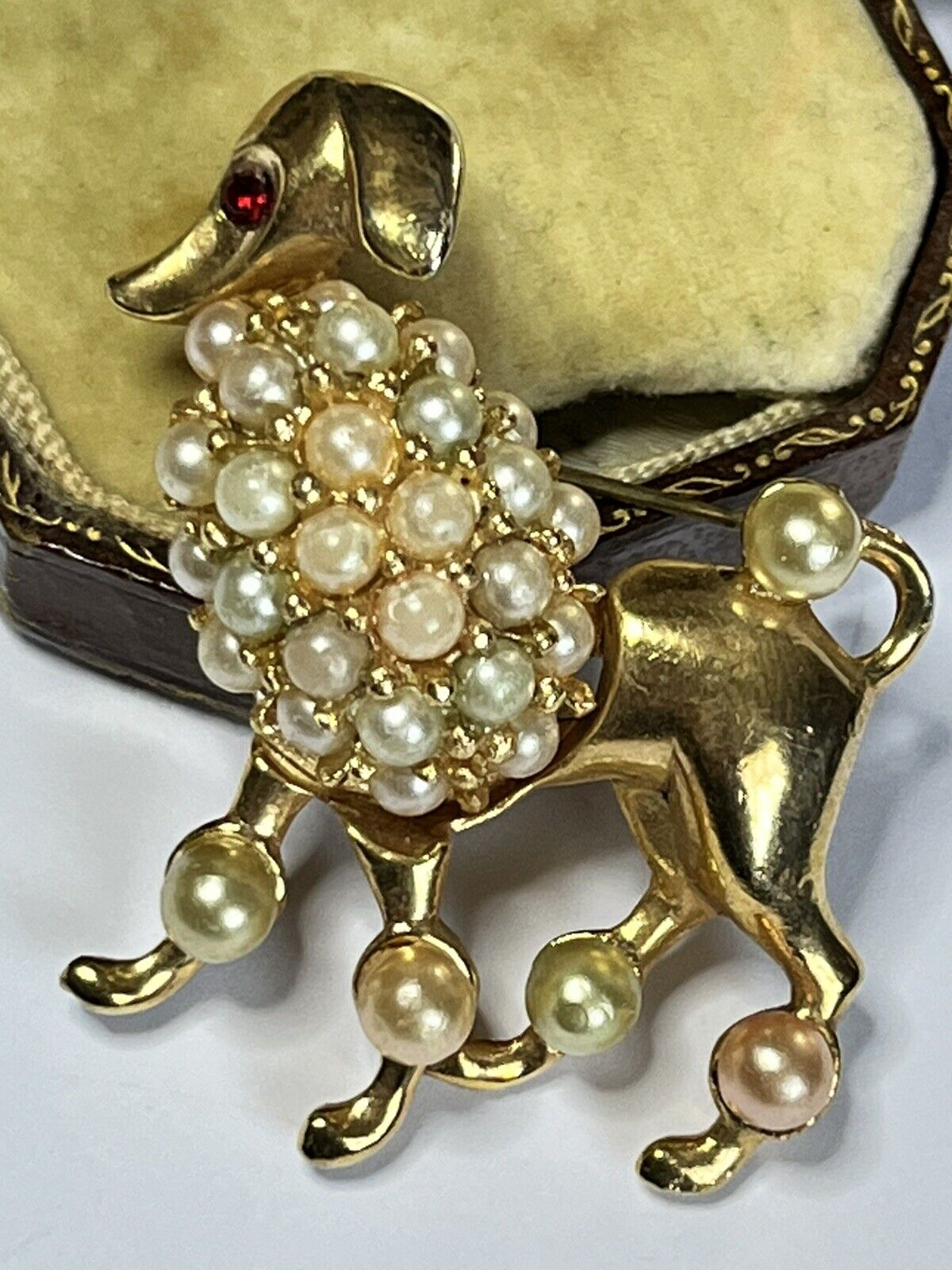 Vintage Gold Tone Faux Pearl Poodle Brooch