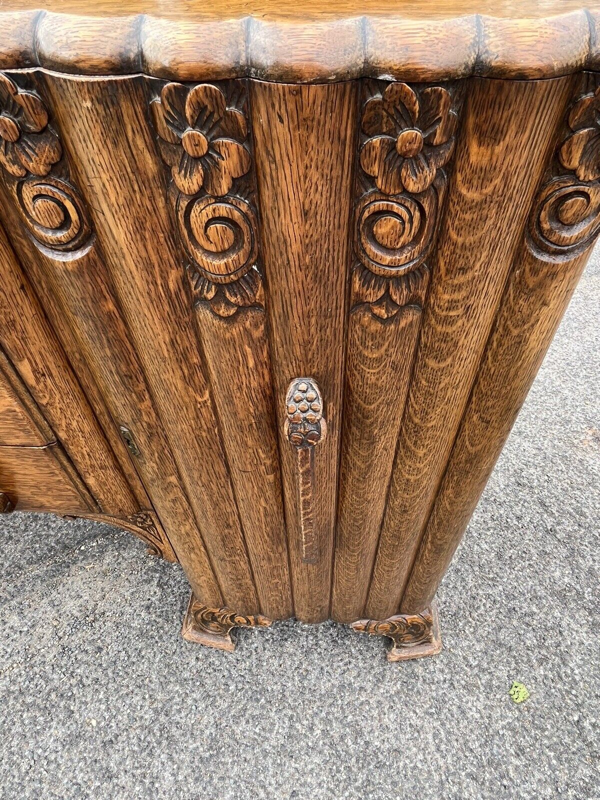 Art Deco Oak Sideboard. Circa 1930’s. Carved With Flowers . Lots Of Storage.