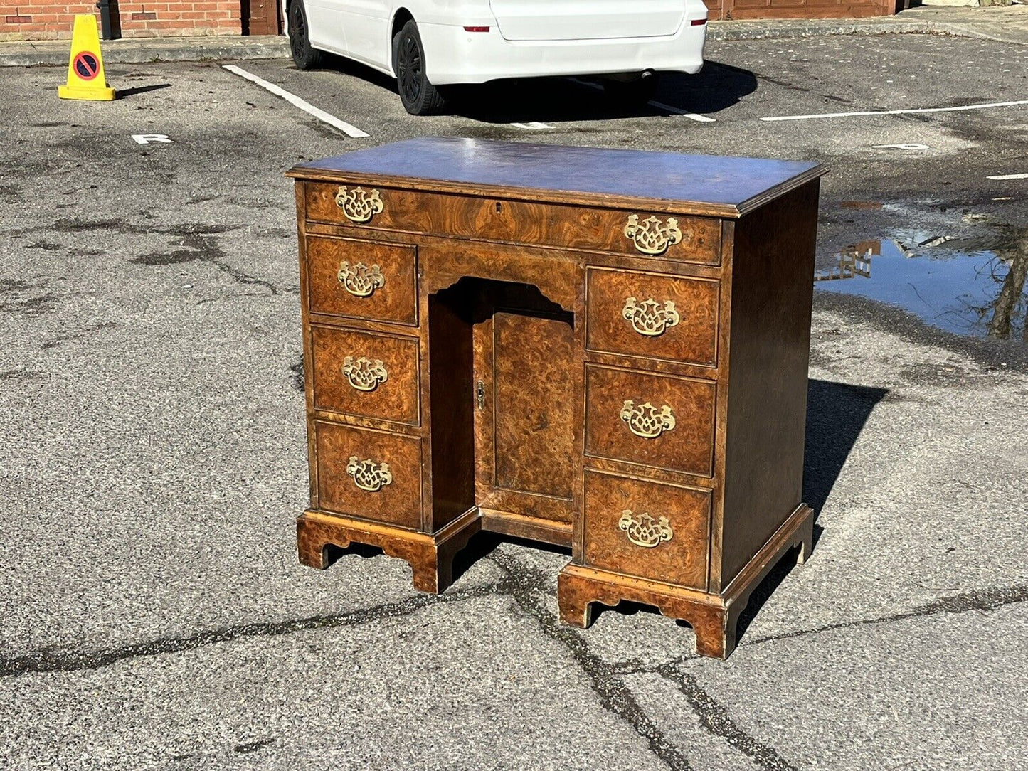 Burr Walnut Kneehole Desk. With Brass Handles And On Bracket Feet