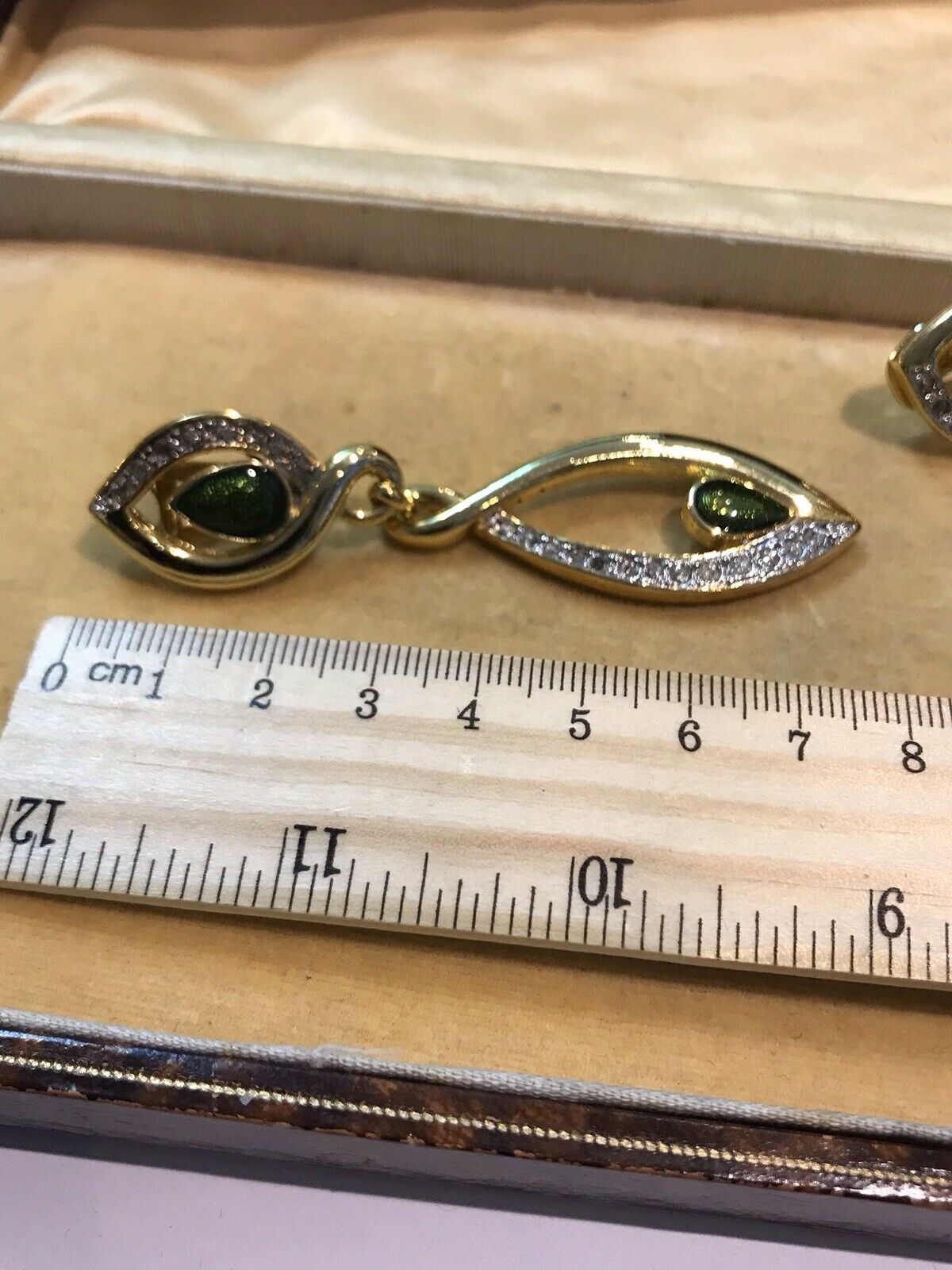 Vintage 1980s Statement Diamanté Green Enamel Drop Clip On Earrings