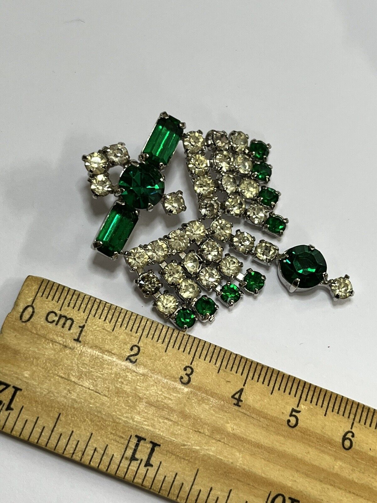 Vintage Silver Tone Green White Paste Brooch