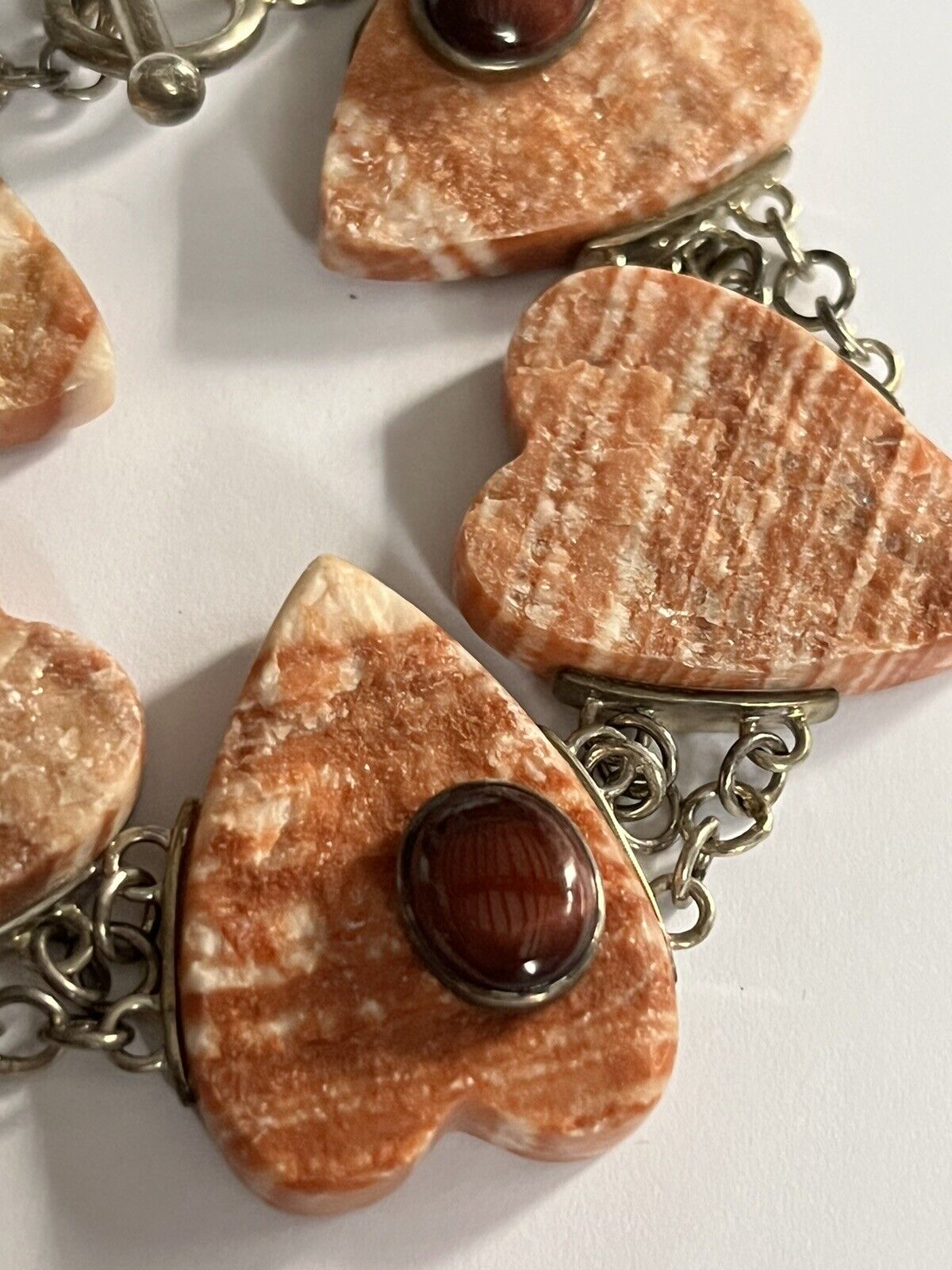 Vintage Silver 925 Natural Stone Hearts Bracelet