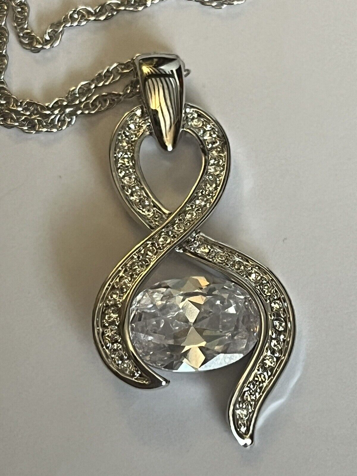 Vintage 1980s Rhodium Plated Solitaire Crystal Necklace New Old Stock