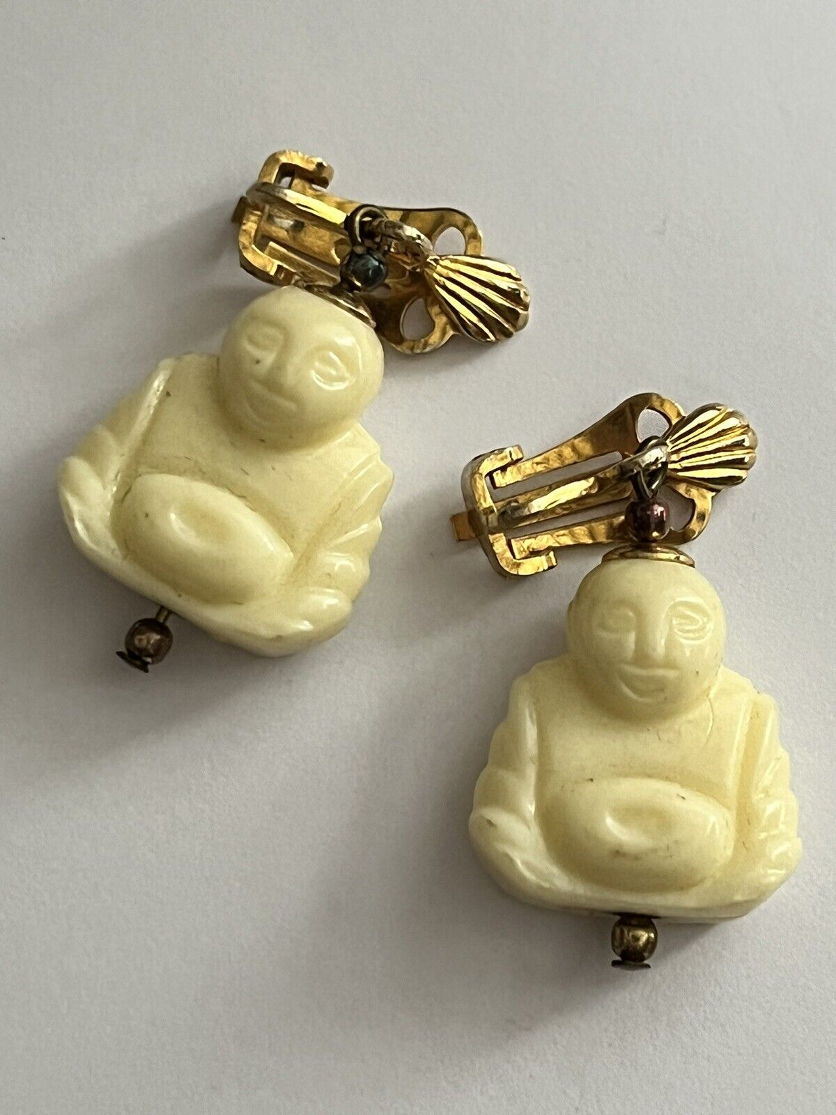Vintage Celluloid Happy Buddha Clip on Earrings