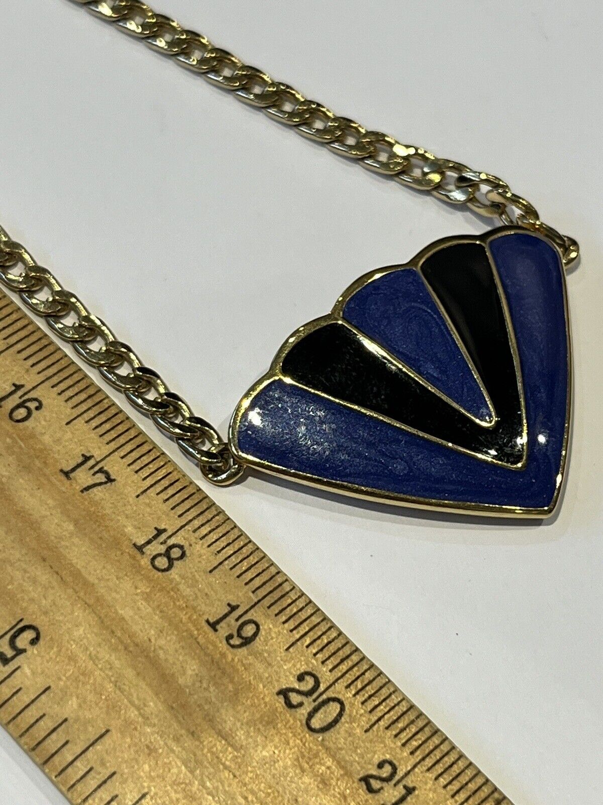 Vintage Gold Plated Blue Black Enamel Signed Necklace