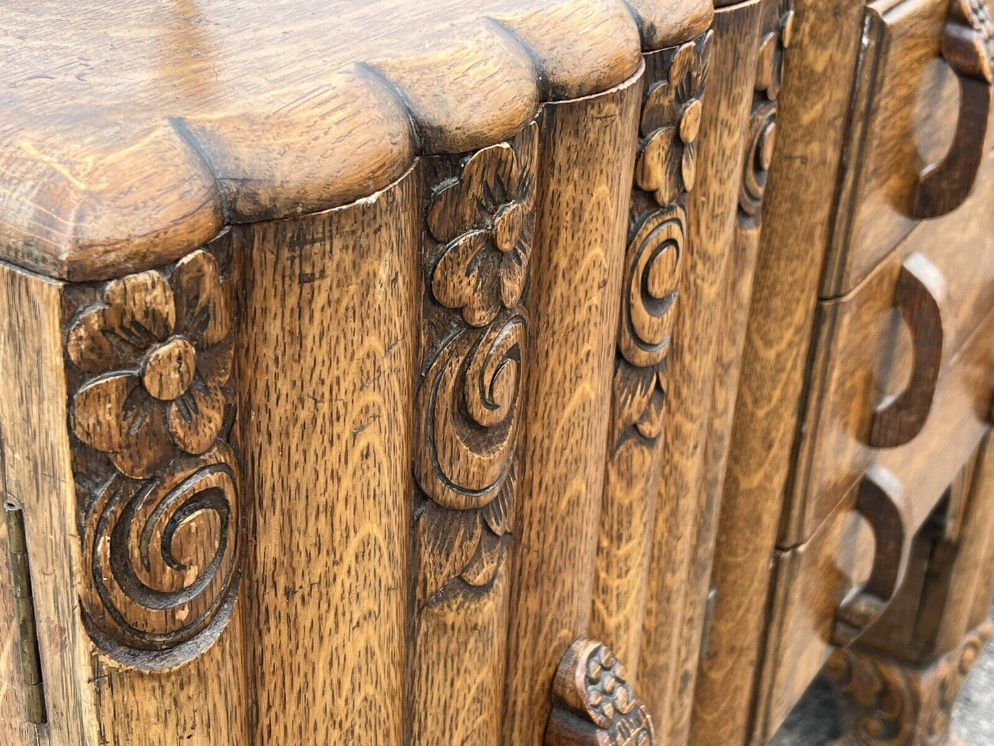 Art Deco Oak Sideboard. Circa 1930’s. Carved With Flowers . Lots Of Storage.