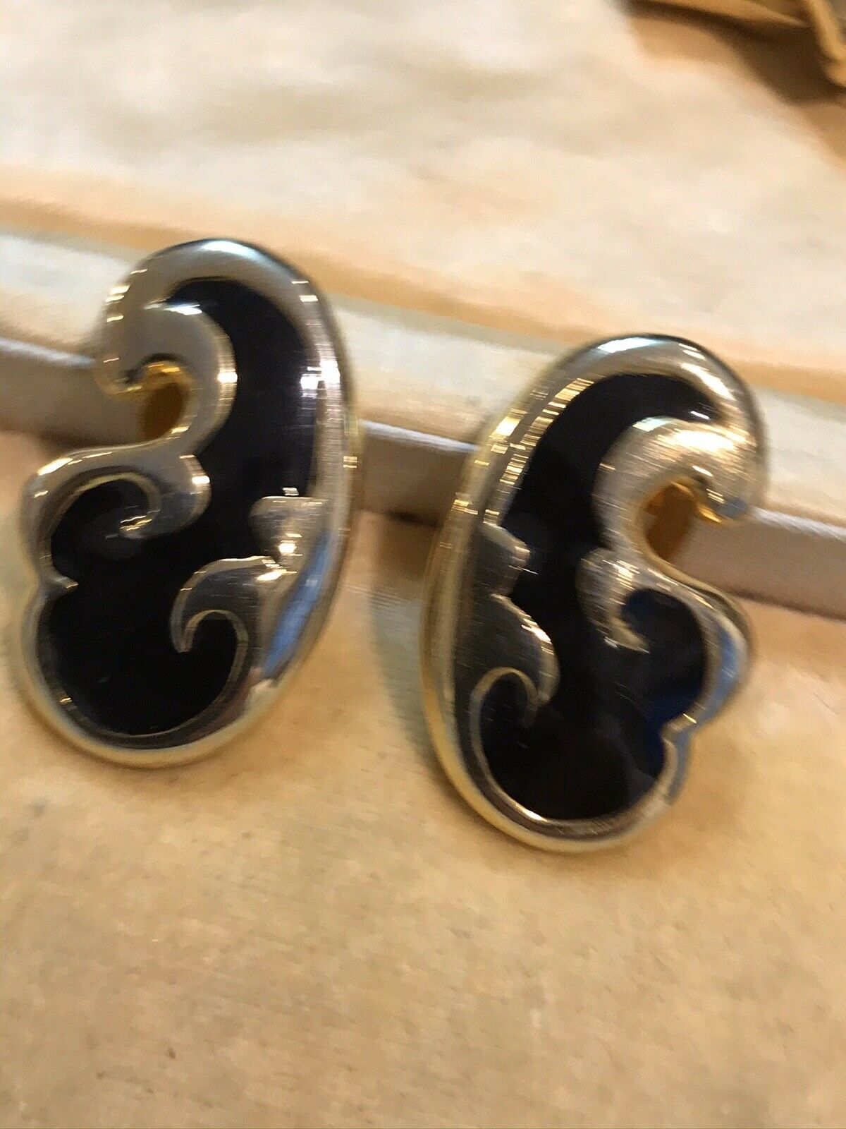 Vintage Black Enamel Gold Tone Clip On Earrings