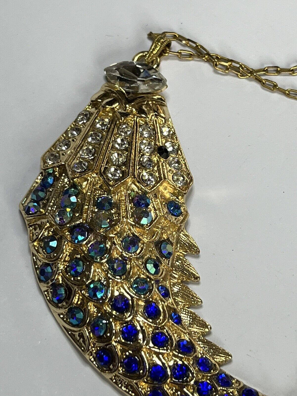 Vintage Gold Tone Blue Diamanté Fish Statement Pendant Necklace