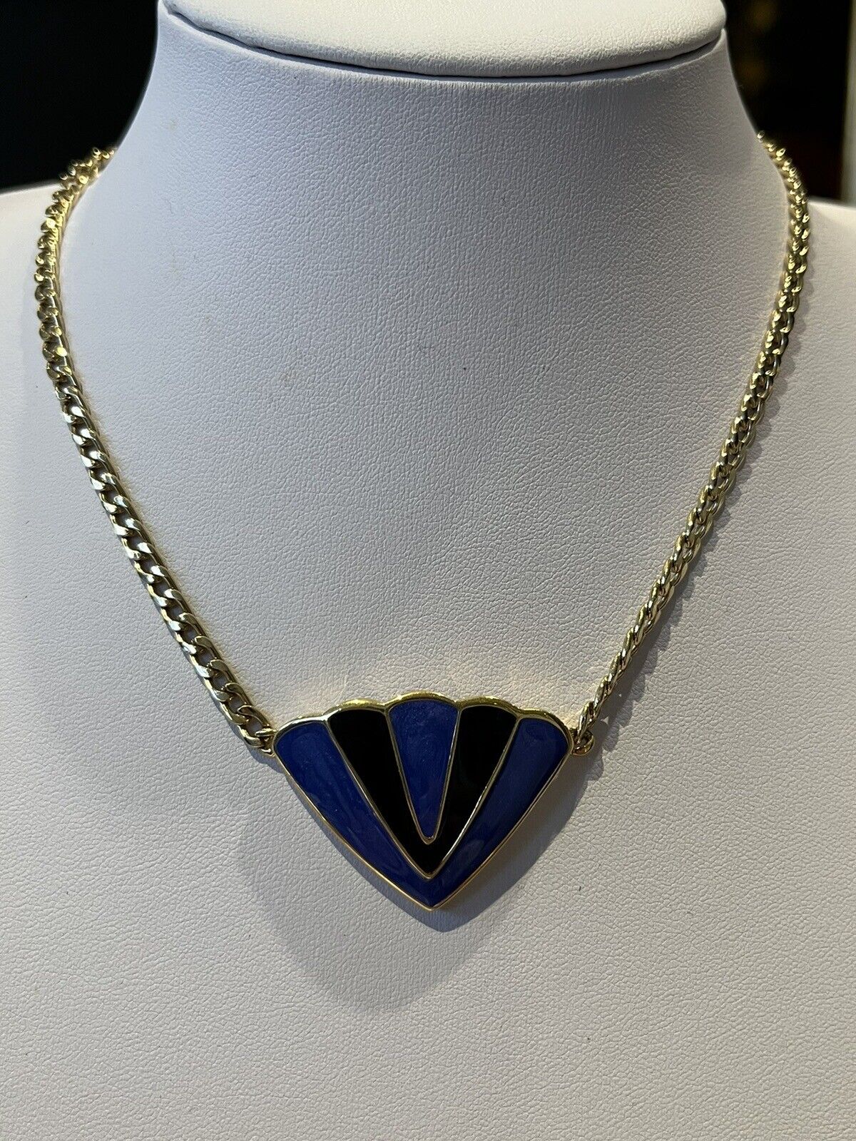 Vintage Gold Plated Blue Black Enamel Signed Necklace