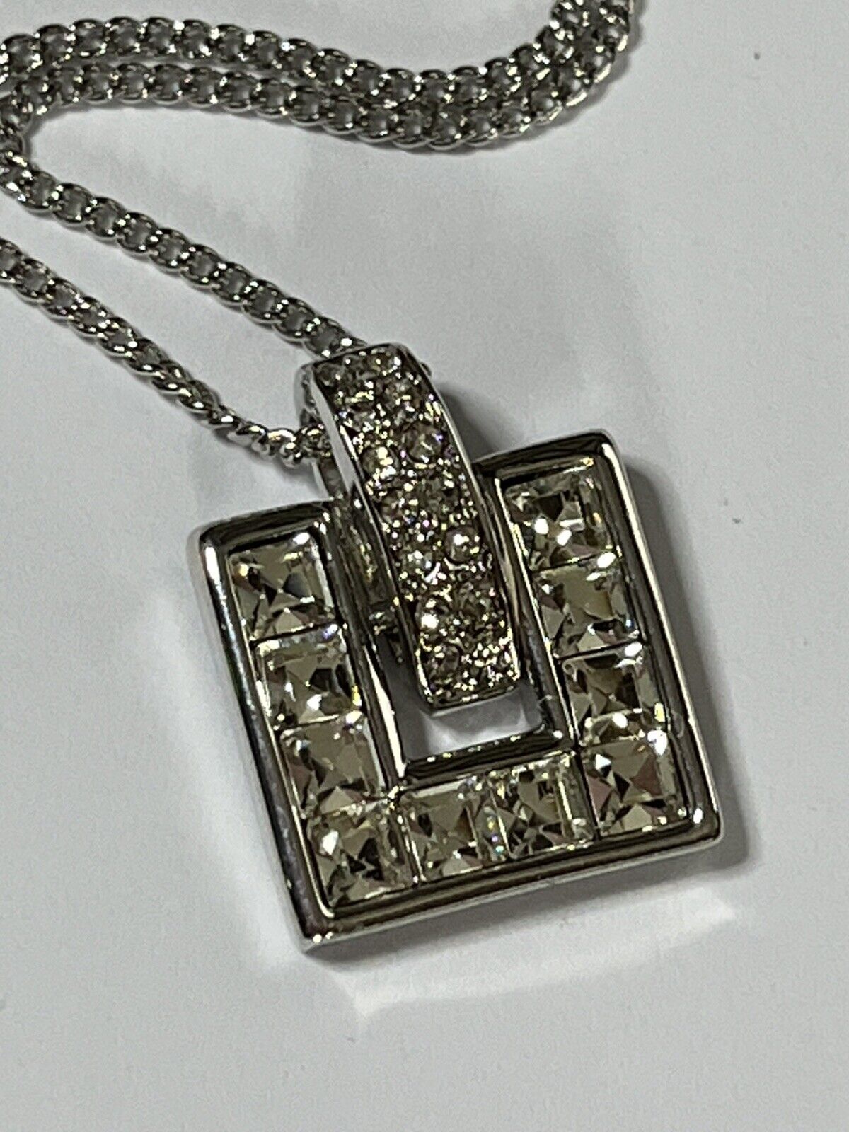 Vintage Signed 1980s Rhodium Plated Geometric Crystal Necklace New Old Stock