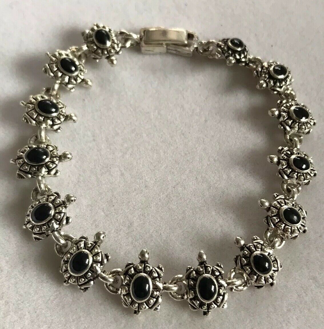 Vintage Silver Tone Black Enamel Turtle Bracelet