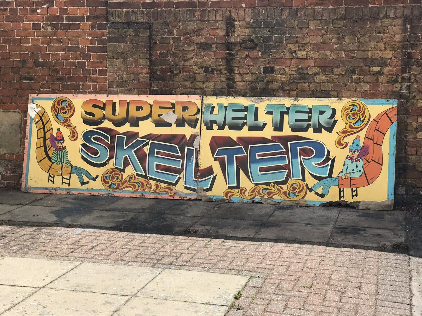 Original 1970's LARGE Fairground Helter Skelter Painted Wooden Sign