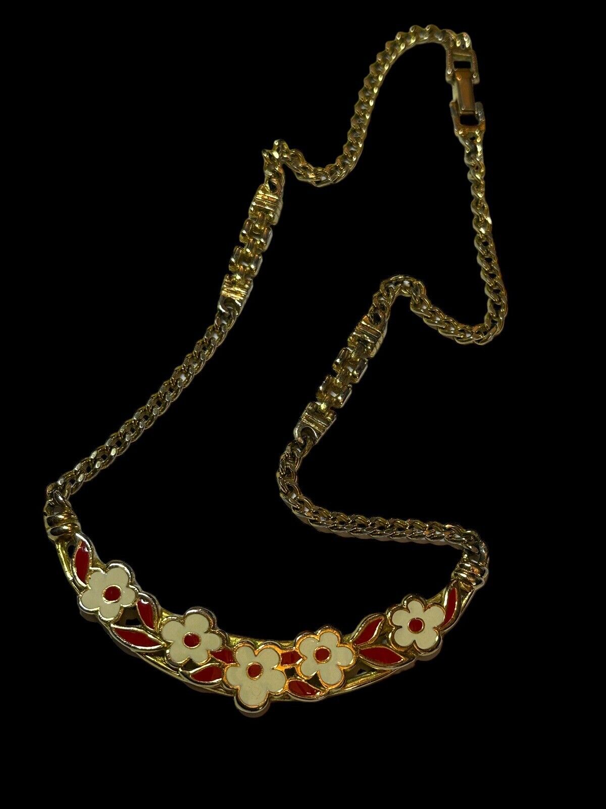 Vintage Gold Tone Red Cream Enamel Flowers Necklace