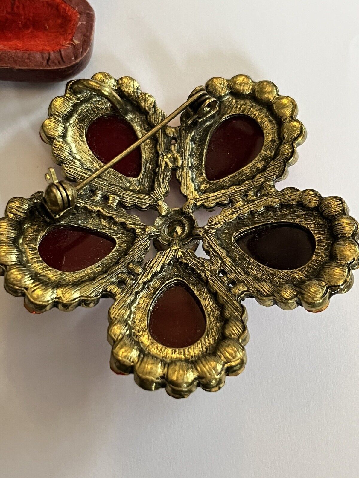Vintage Red Green Diamanté Flower Statement Brooch