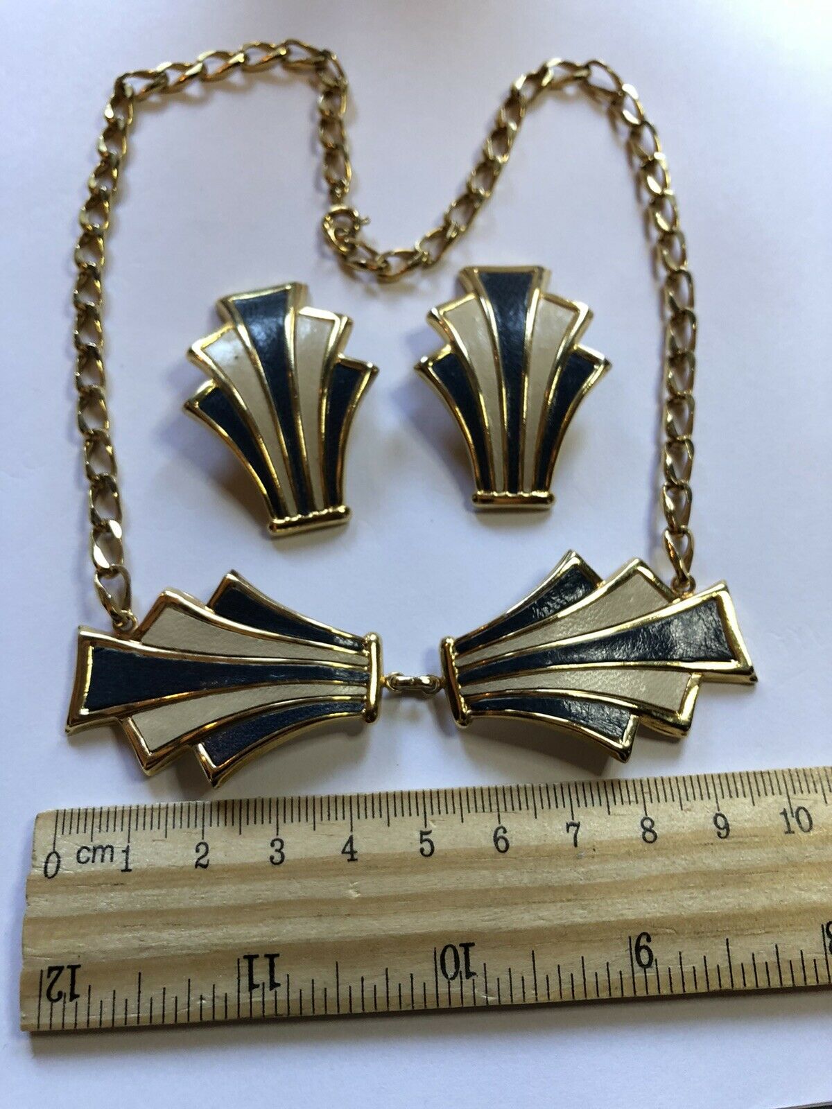 Vintage Blue And White Striped Gold Tone Necklace And Clip On Earring Set