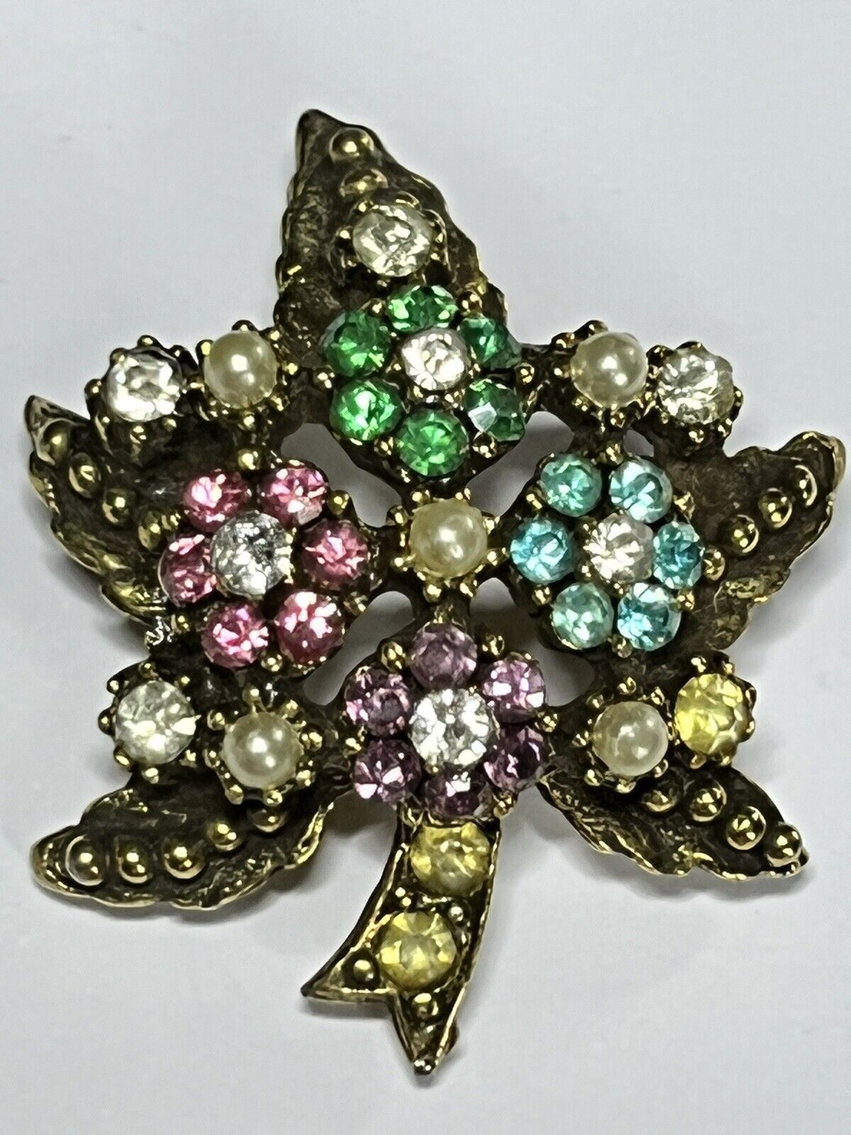 Vintage Leaf Flowers Multicoloured Diamanté Faux Pearl Brooch