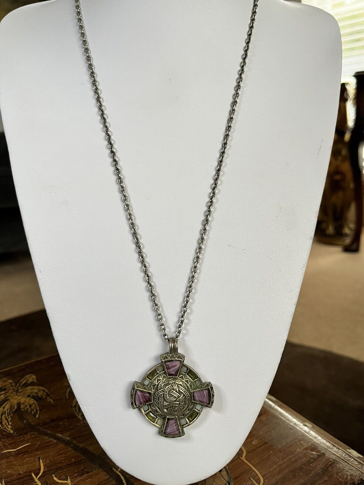 Vintage Miracle Signed Purple Green Glass Celtic Necklace