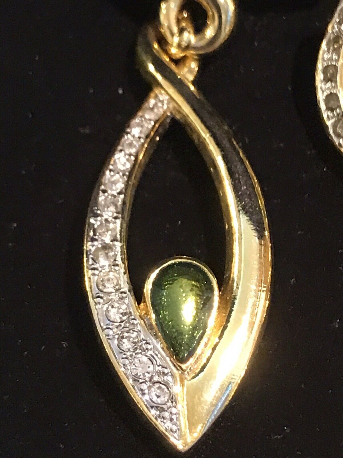 Vintage 1980s Statement Diamanté Green Enamel Drop Clip On Earrings