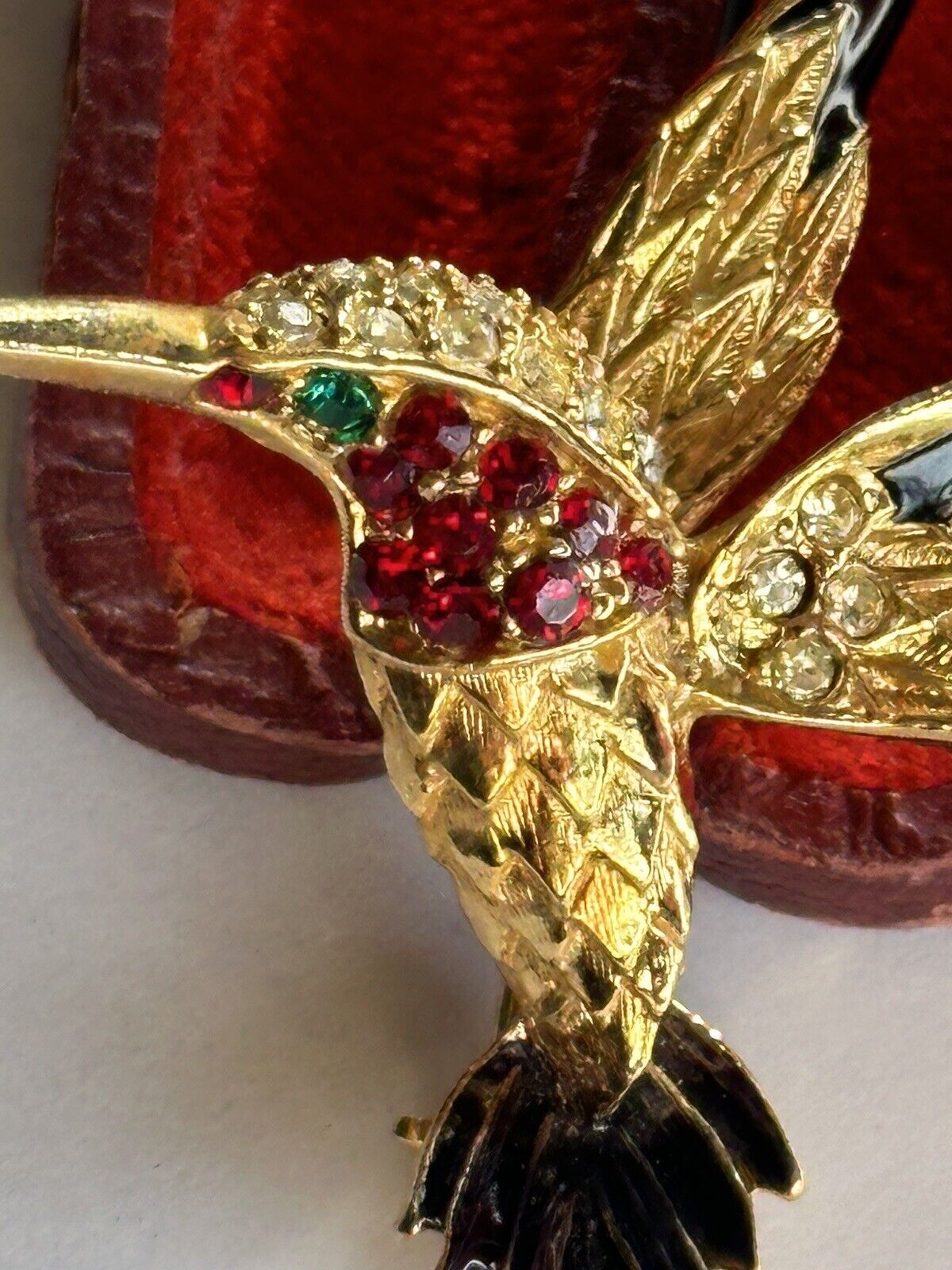 Vintage Gold Plated Red Diamanté Black Enamel Bird Brooch