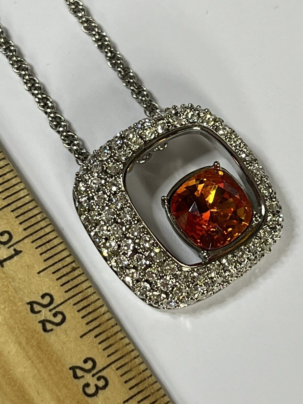 Vintage Signed 1980s Rhodium Plated Burnt Red Crystal Pendant Necklace