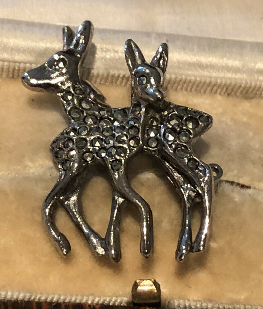 Vintage Silver Tone Marcasite Deer And Fawn Brooch