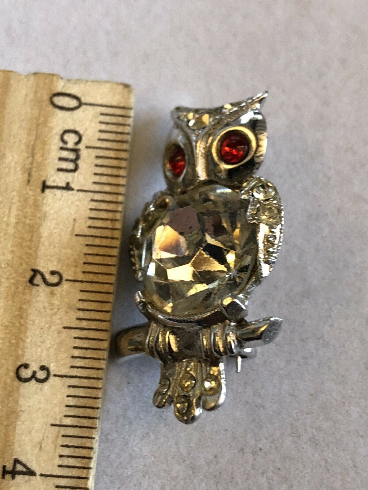 Vintage Silver Tone Diamanté Owl Brooch