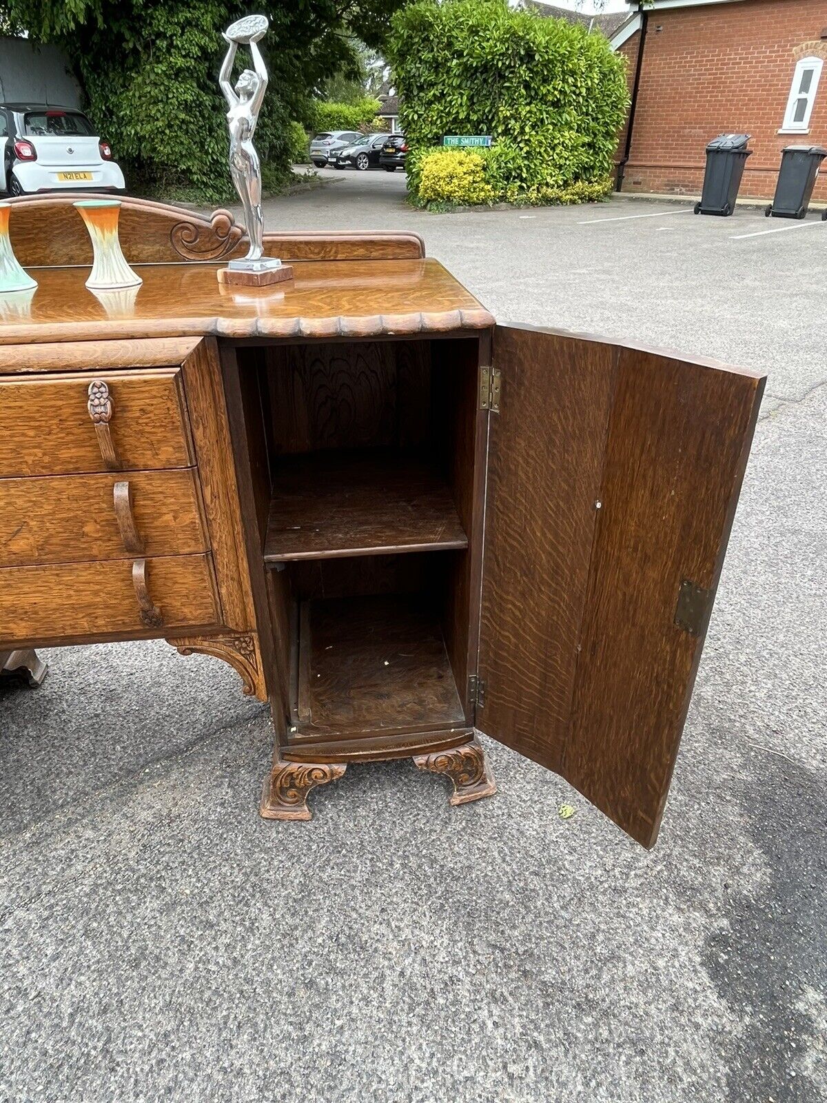 Art Deco Oak Sideboard. Circa 1930’s. Carved With Flowers . Lots Of Storage.