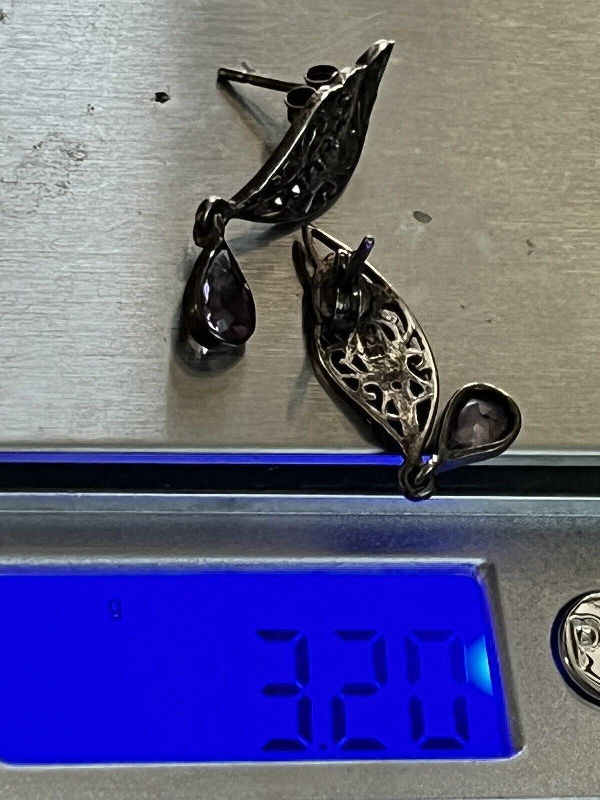 Vintage Silver 925 Cutout Marcasite Amethyst Earrings