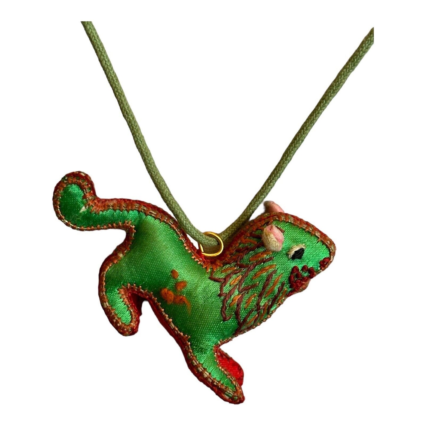 Vintage Green Silk Lion Pendant Necklace