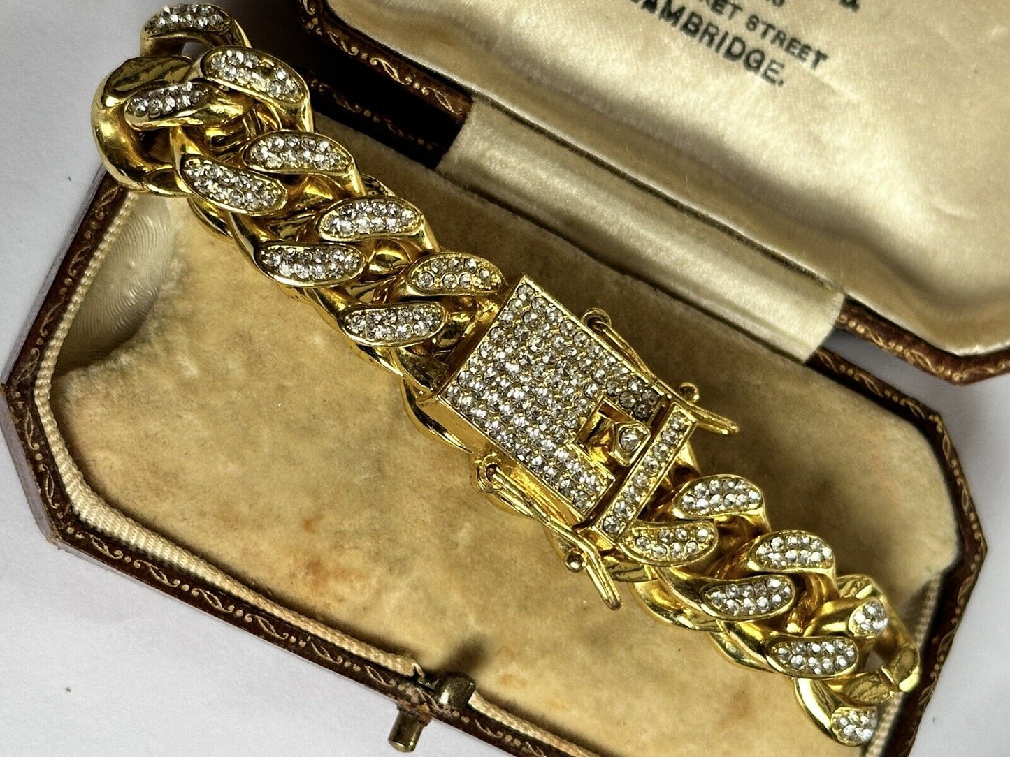 Vintage 1980s Gold Plated Diamanté Link Substantial Bracelet With Safety Catches