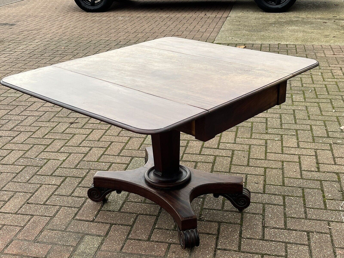 Antique Regency Mahogany Lamp / Sofa Table, Fold Down Flaps, Drawer.