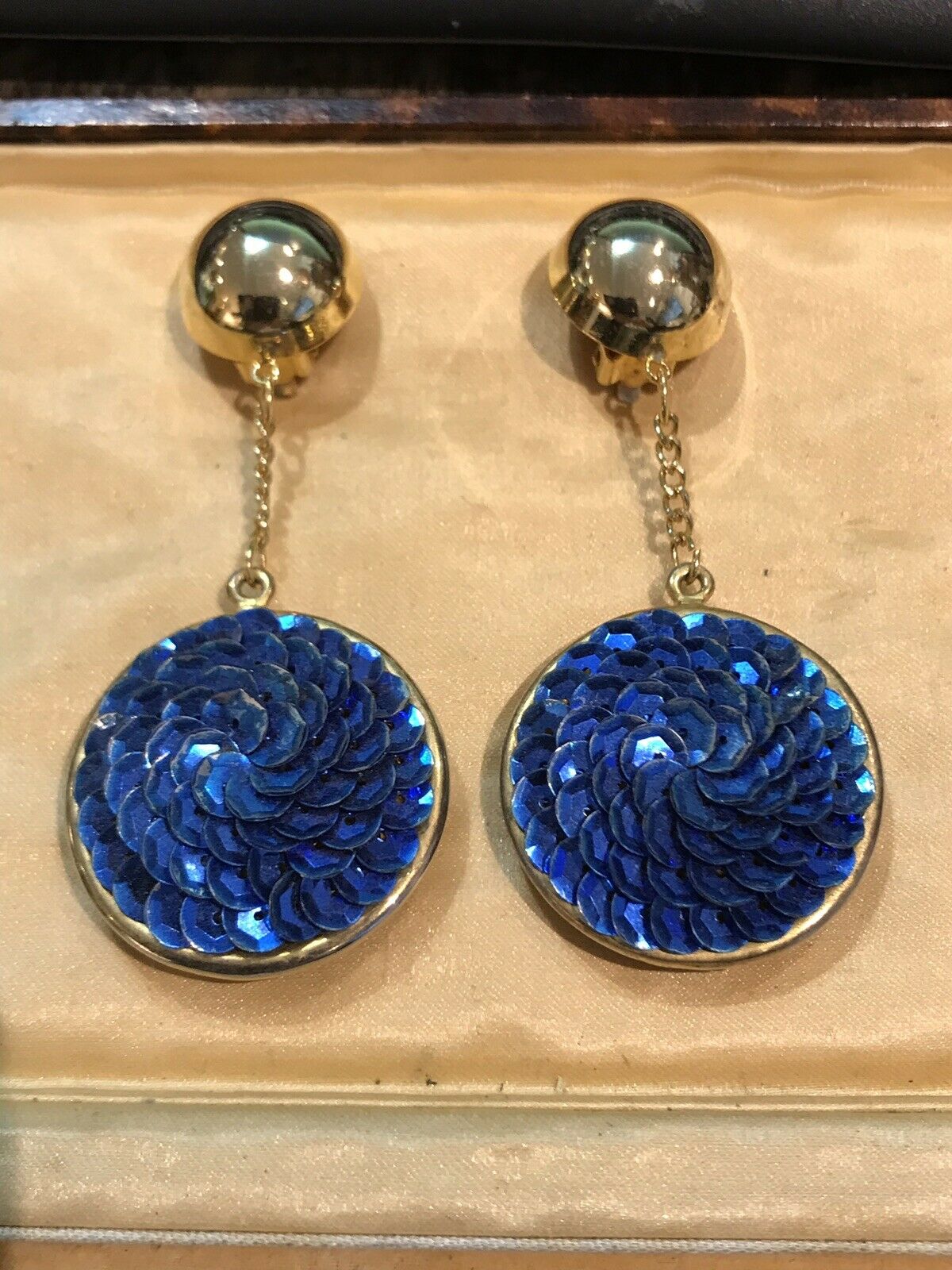 1980s Statement Drop Clip On Earrings Blue Sequin ANTIQUES CHIC