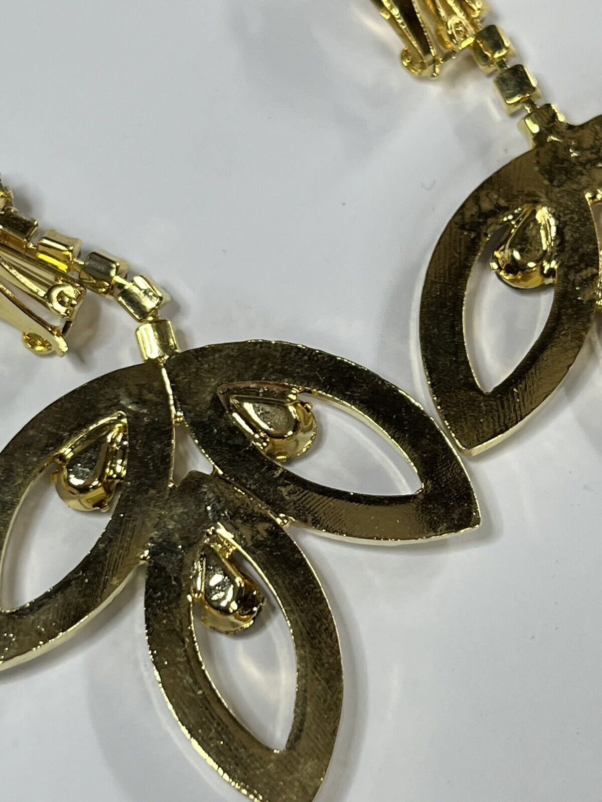 Vintage Gold Tone Blue Clear Diamanté Drop Clip On Earrings