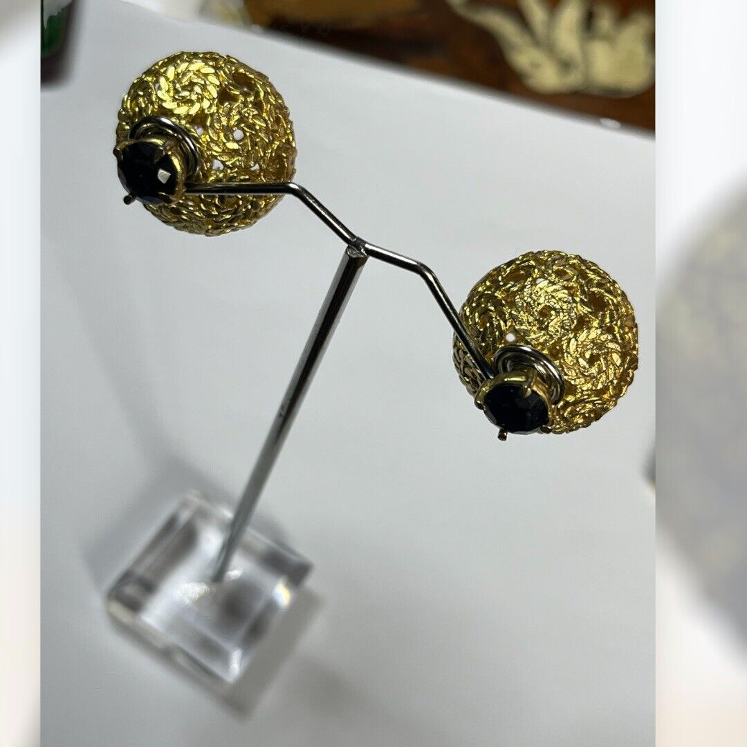 Vintage Gold Tone Blue Diamanté Stud And Ball Earrings
