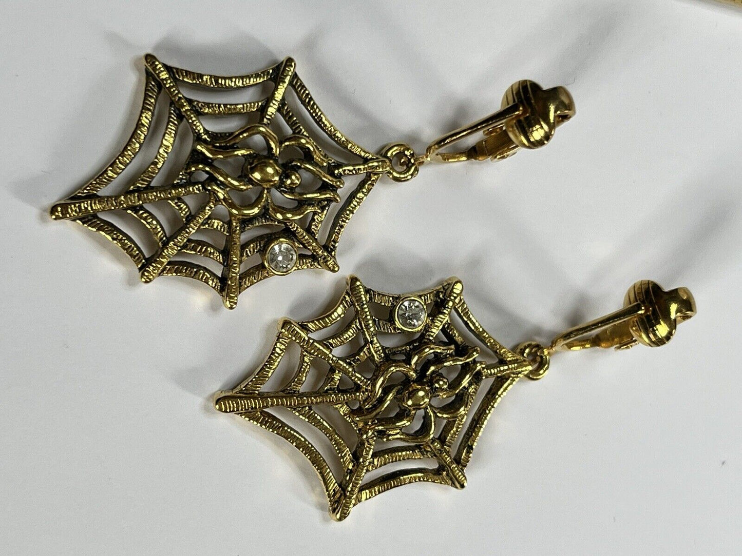 Vintage Gold Tone Spider Web Spider Drop Dangle Earrings