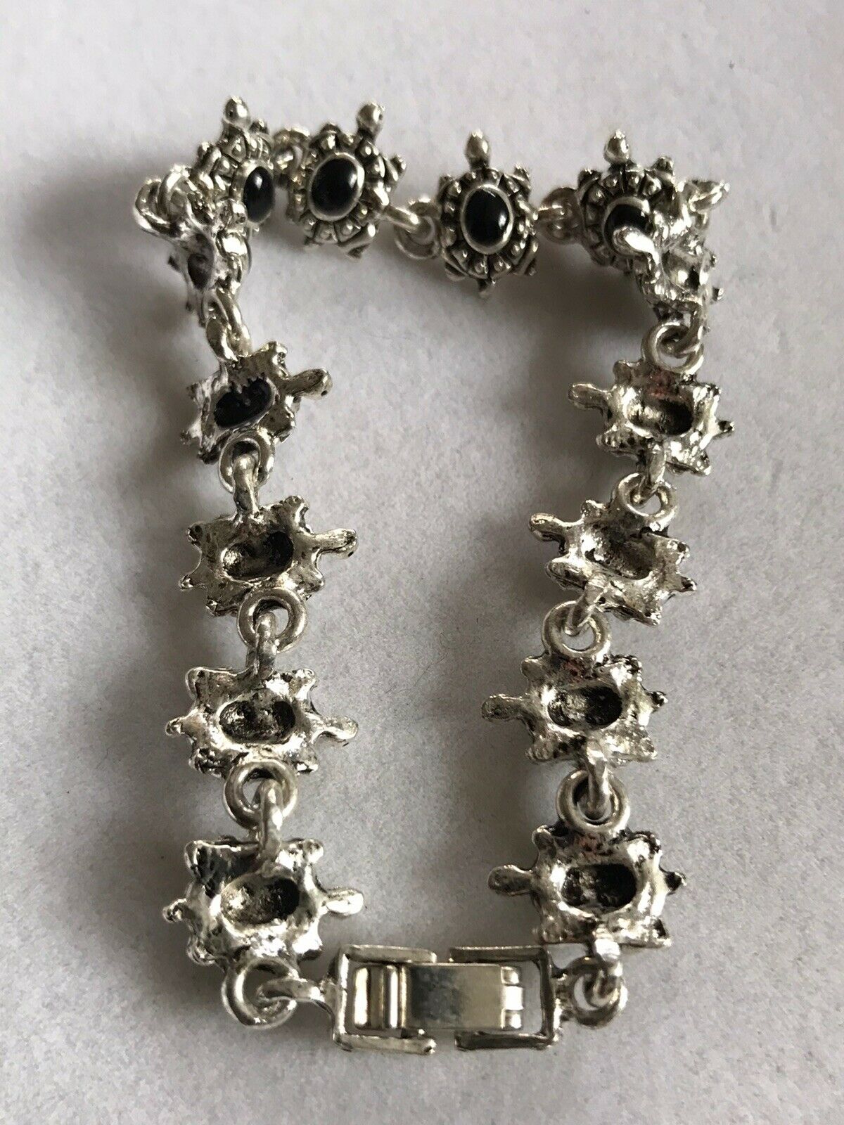 Vintage Silver Tone Black Enamel Turtle Bracelet