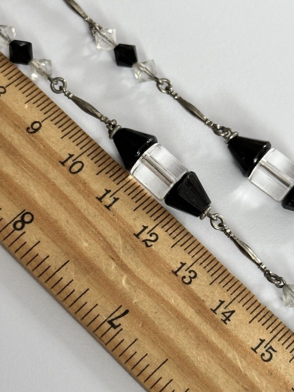 Vintage Deco Black Clear Beads On Chain Silver Tone Necklace