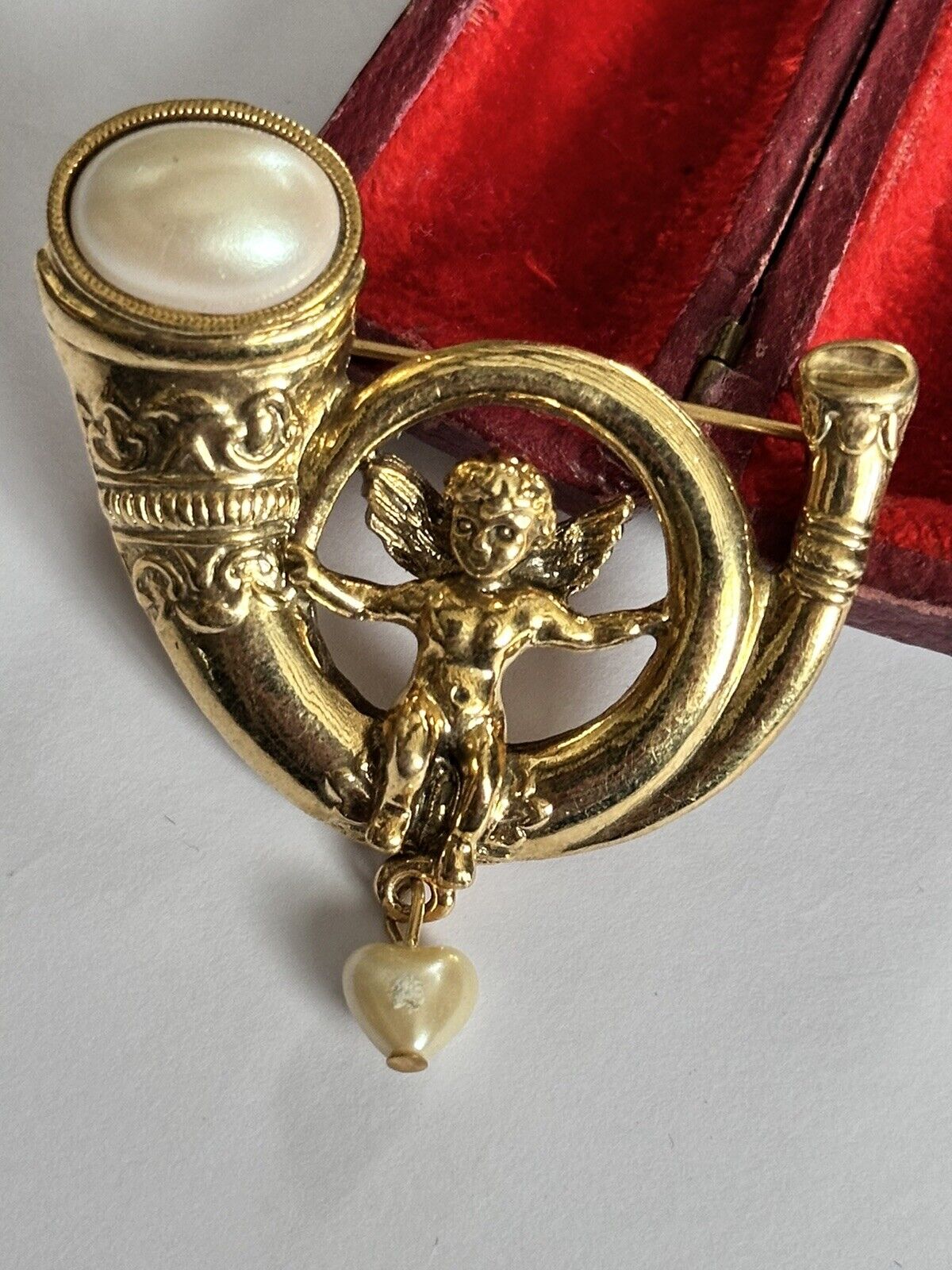 Vintage Gold Tone Faux Pearl Cherub Heart Brooch