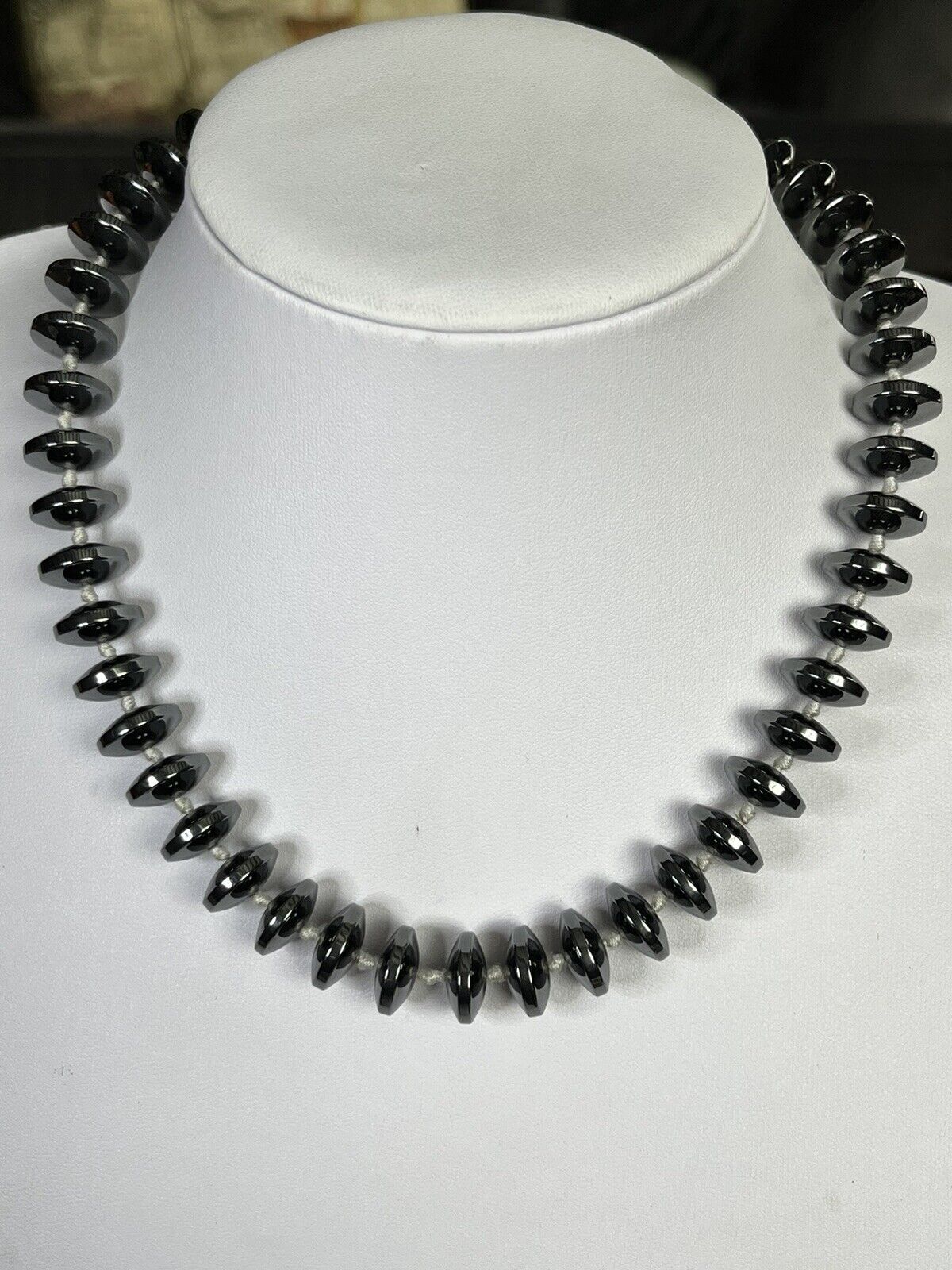 Vintage Hand Knotted Hematite Silver Clasp Necklace