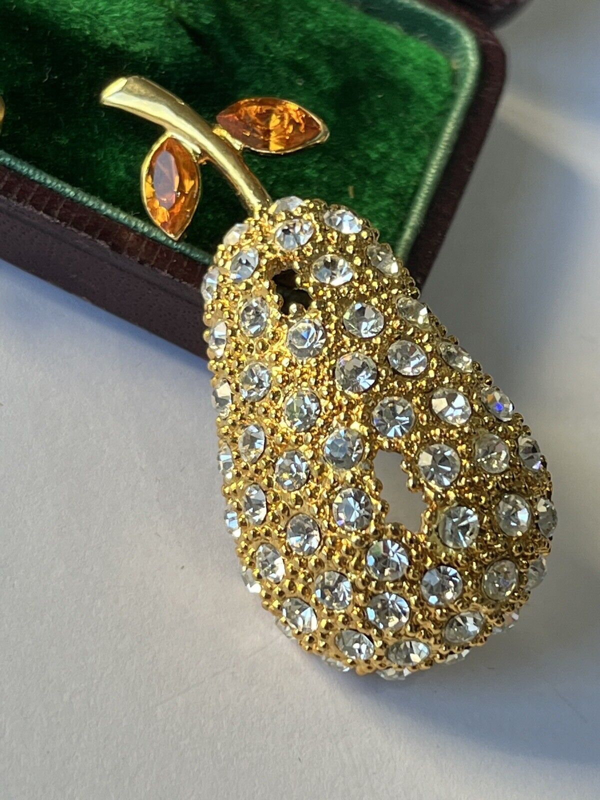 Vintage Gold Tone Diamanté Pear Fruit Brooch