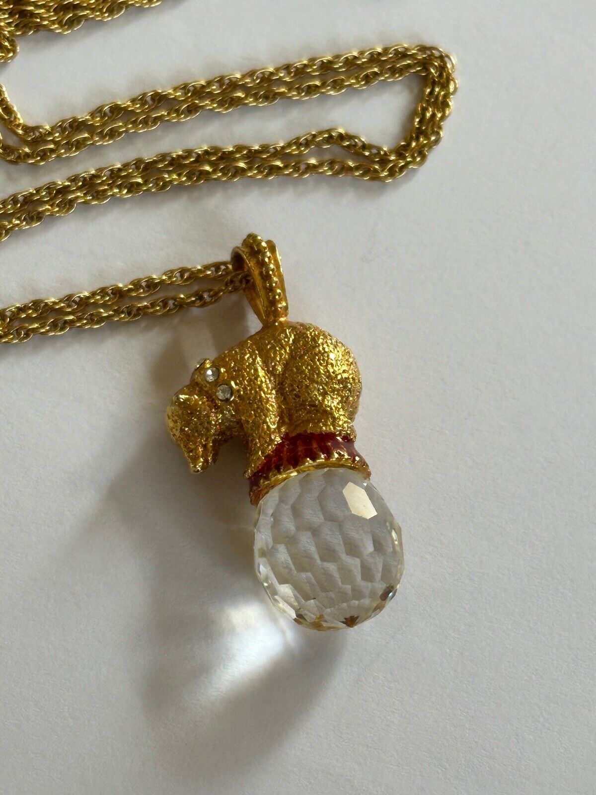 Vintage Gold Tone Polar Bear On Ball Enamel Diamanté Pendant Necklace