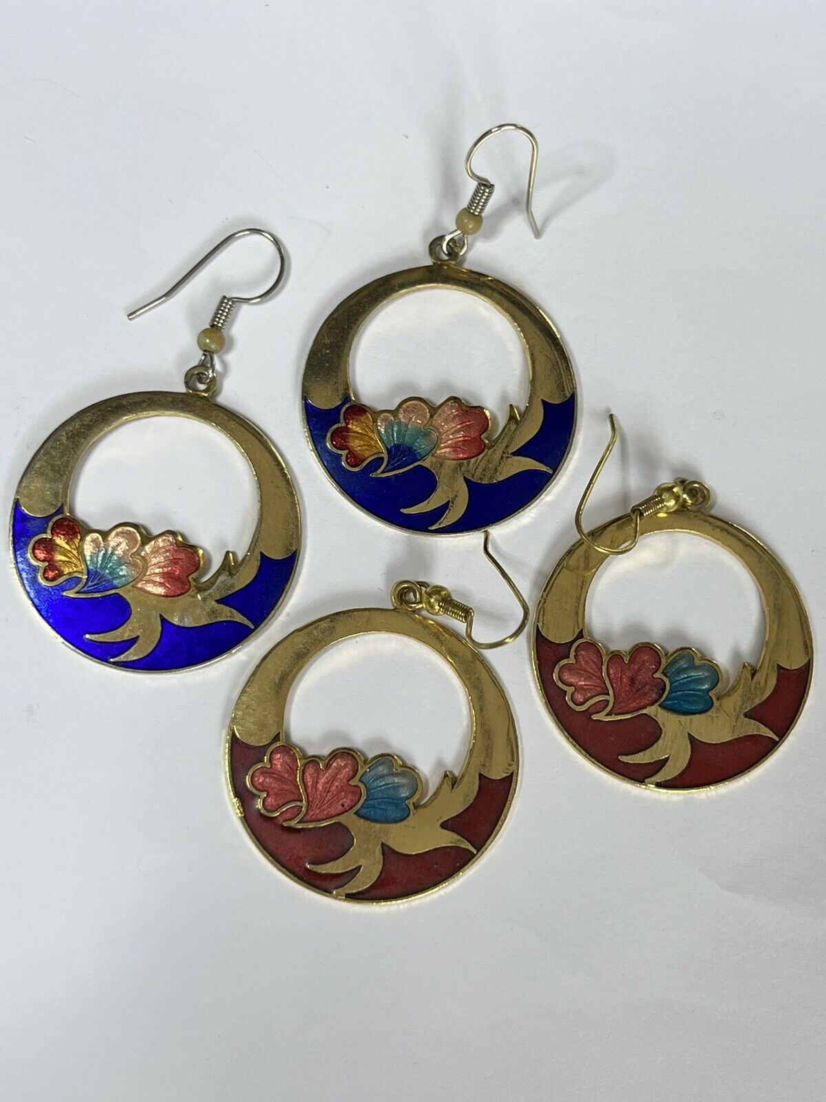 Vintage Enamel Cloisonné Hoop Drop Earrings Set Of Two