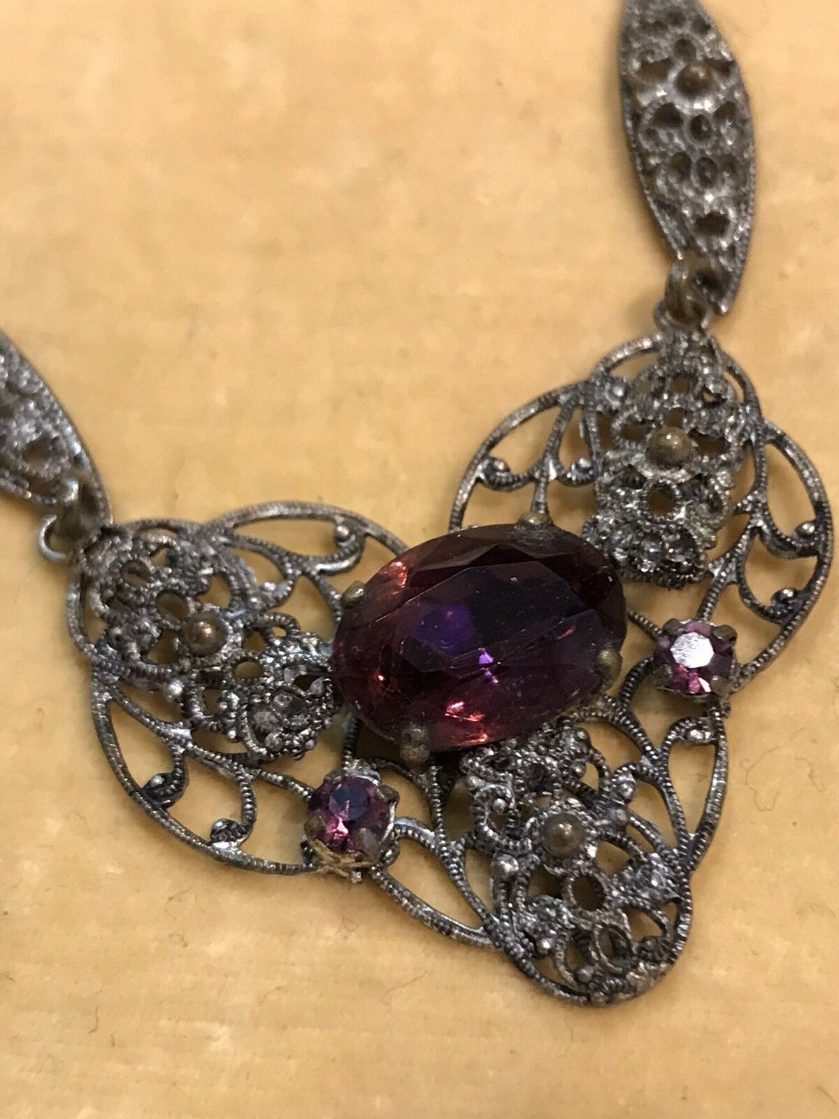 Vintage Detailed Metal Work And Purple Stone Necklace