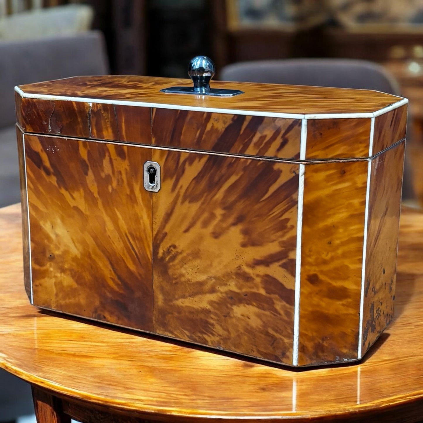 Fine English George III Blonde Tortoiseshell Tea Caddy.